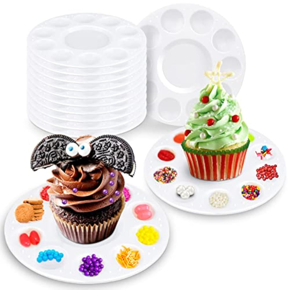 Cupcake Decorating Plates For Kids Party, Kids Cupcake Holder Decorating Tray With 10 Wells For Dessert Sprinkles, Kids Birthday Party Supplies(Set Of 10)