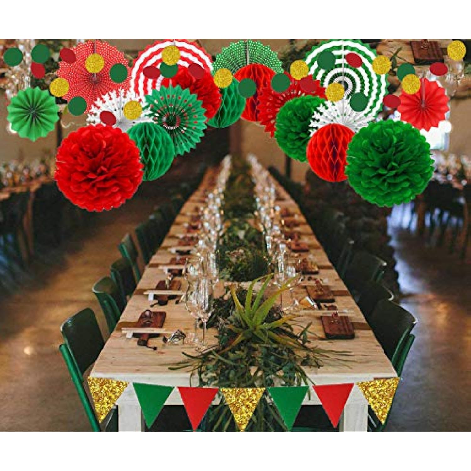 Christmas Party Decorations Paper Fans,Garlands String Circle Dot,Triangle Bunting Flags, Honeycomb Ball,Paper Tissue Pom Poms,Party Supplies For Christmas Birthday Wedding Baby Shower