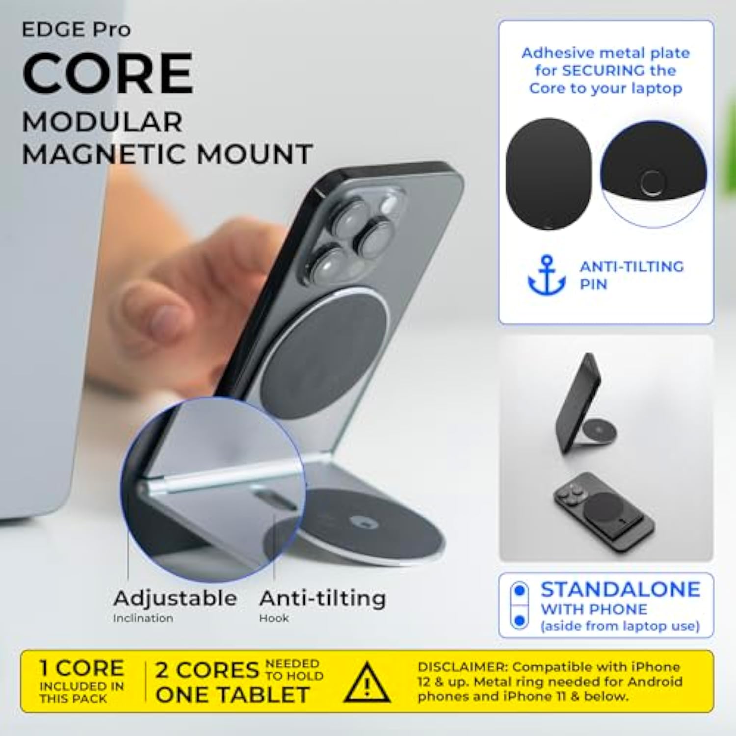 Edge Pro Core - Magnetic Mount Phone Holder Stand For Computers And Tablets | Secure Metal Plate Adhesive Or Standalone Mode Compatible With Magsafe, Qi, And Non-Magsafe Devices, Black