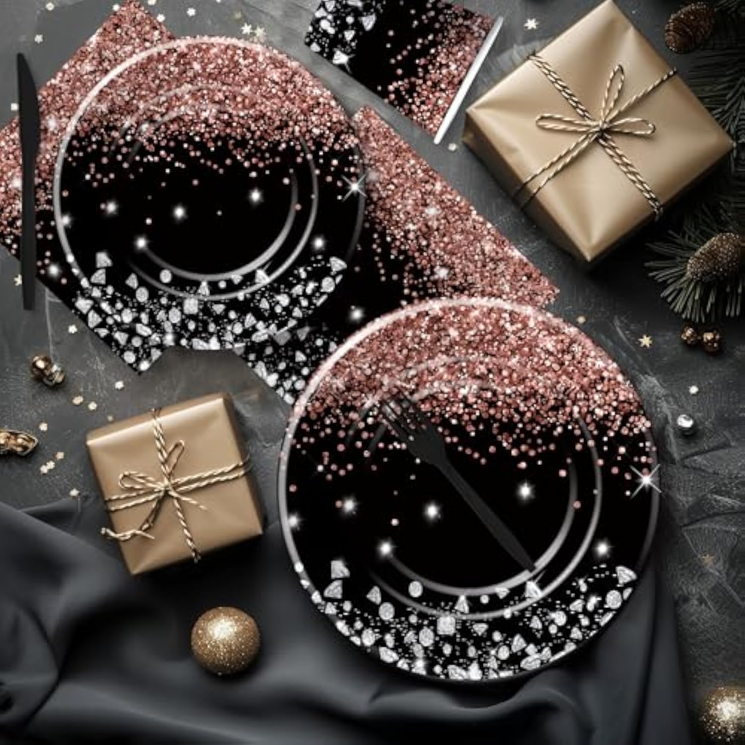 Rose Gold And Black Party Decorations Tableware - Glitter Diamond Theme Rose Gold Party Supplies For Wedding Bridal Shower Birthday, Paper Plate, Cup, Napkin, Cutlery | Serves 24