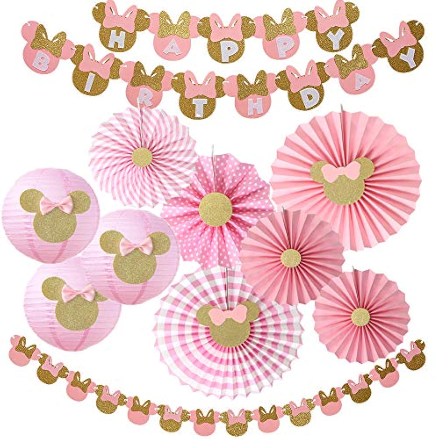 11Pcs Minnie Party Decor Girls 1st-3rd Birthday Banner Lanterns Fans Pink Gold