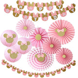 11Pcs Minnie Party Decor Girls 1st-3rd Birthday Banner Lanterns Fans Pink Gold