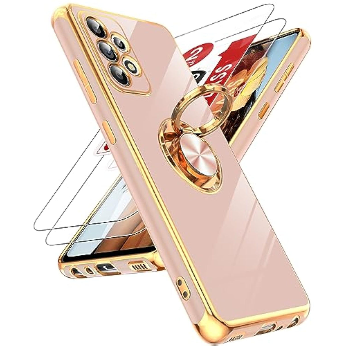 For Samsung A52 Phone Case: With Tempered Glass Screen Protector [2 Pack] 360° Rotatable Ring Holder Magnetic Kickstand, Plating Rose Gold Edge For Galaxy A52 5G Phone Case, Pink