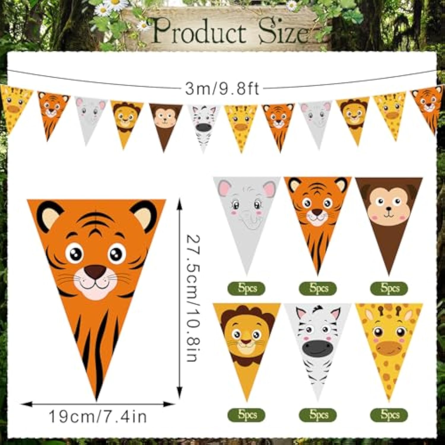 5 Pcs 49Ft Safari Animal Pennant Banners, Jungle Theme Wild One Baby Shower Birthday Decorations, Wild Animal Triangular Garland For Kids Party, Photo Backdrop, Classroom, Nursery Wall Decor
