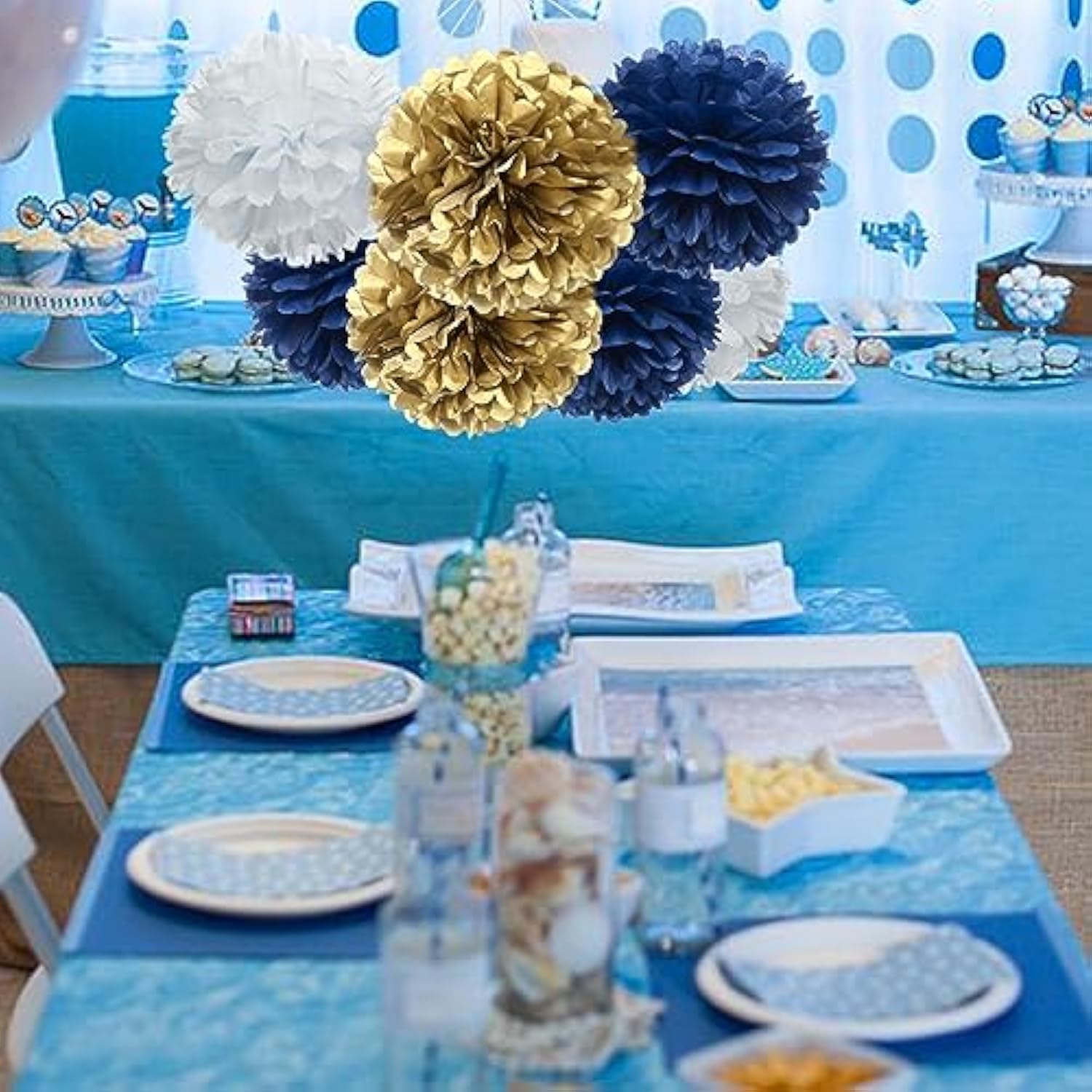 Gold Royal Blue And White Paper Flower Tissue Pom Poms For Birthday Baby Shower Graduation Bachelor Retirement Theme Party, 12Pc