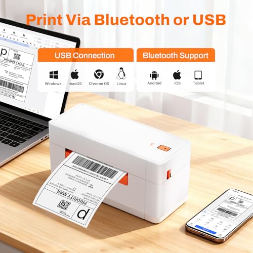 Bluetooth Thermal Shipping Label Printer, 4X6 Portable Wireless Thermal Address Label Printer For Small Business, Compatible With Iphone Android Windows, Used For Ebay Shopify Usps, White