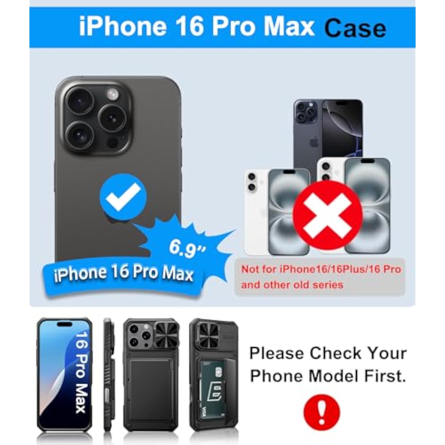 iPhone 16 Pro Max Wallet Case, Card Holder, Slide Lens Cover, Military Protection