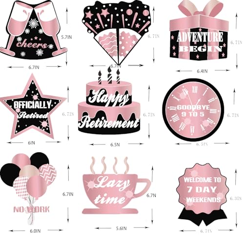 9Pcs Pink Black Happy Retirement Decorations Table Honeycomb Centerpieces Party Supplies Rose Gold Black Retirement Adventure Awaits Sign for Women Retired Decor Goodbye Signs