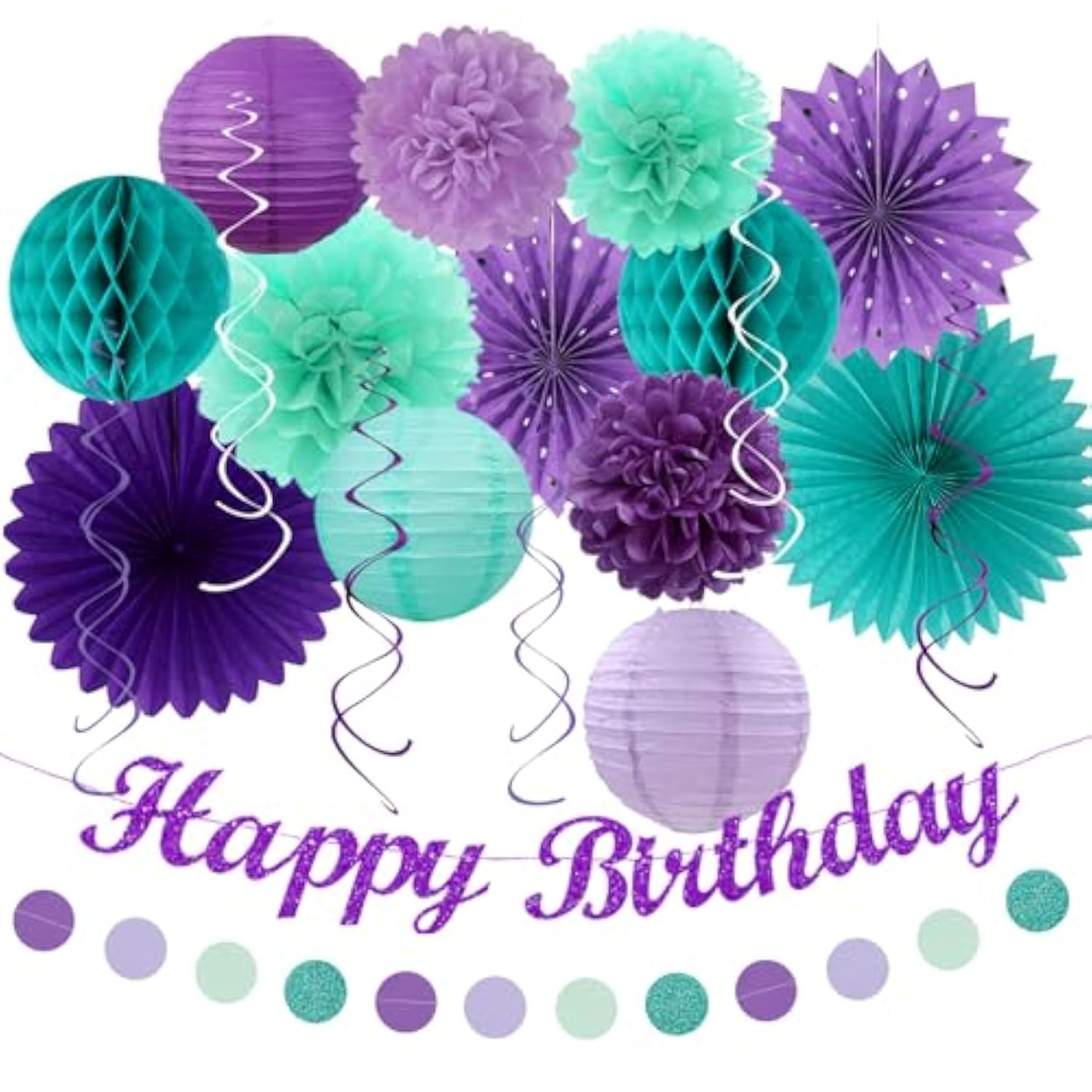 Teal-Purple Lavender Girl Mermaid-Birthday Party-Decorations - 21Pcs Happy Banner,Under The Sea Ocean Paper Lanterns Honeycomb Streamers,Tissue Pom Poms Flower Fan,Classroom Hanging Decor