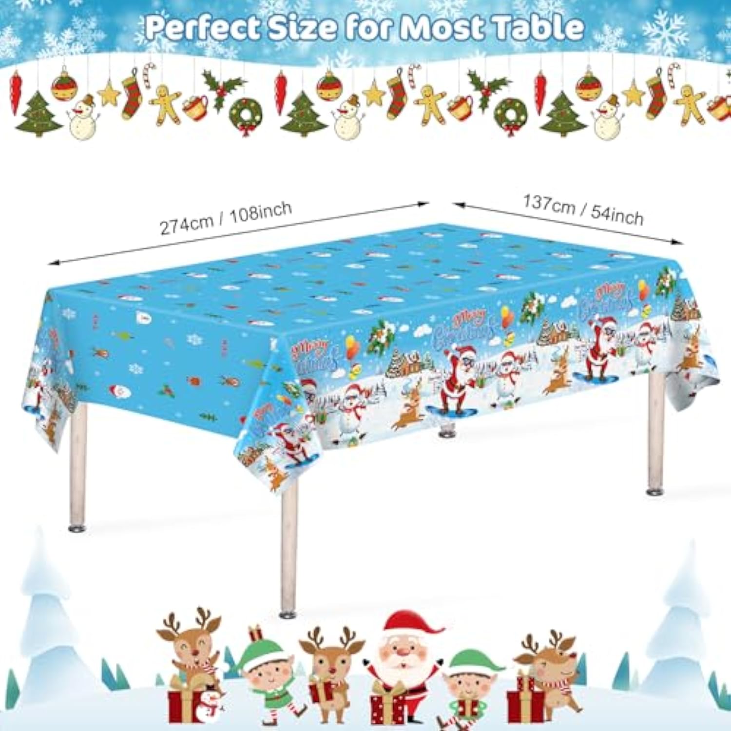 3 Pcs Merry Christmas Tablecloth - Xmas Cool Santa Claus Plastic Table Cloth Disposable Rectangular Blue White Table Covers For Christmas Tables Decorations Party Supplies Decor, 108 X 54 Inch