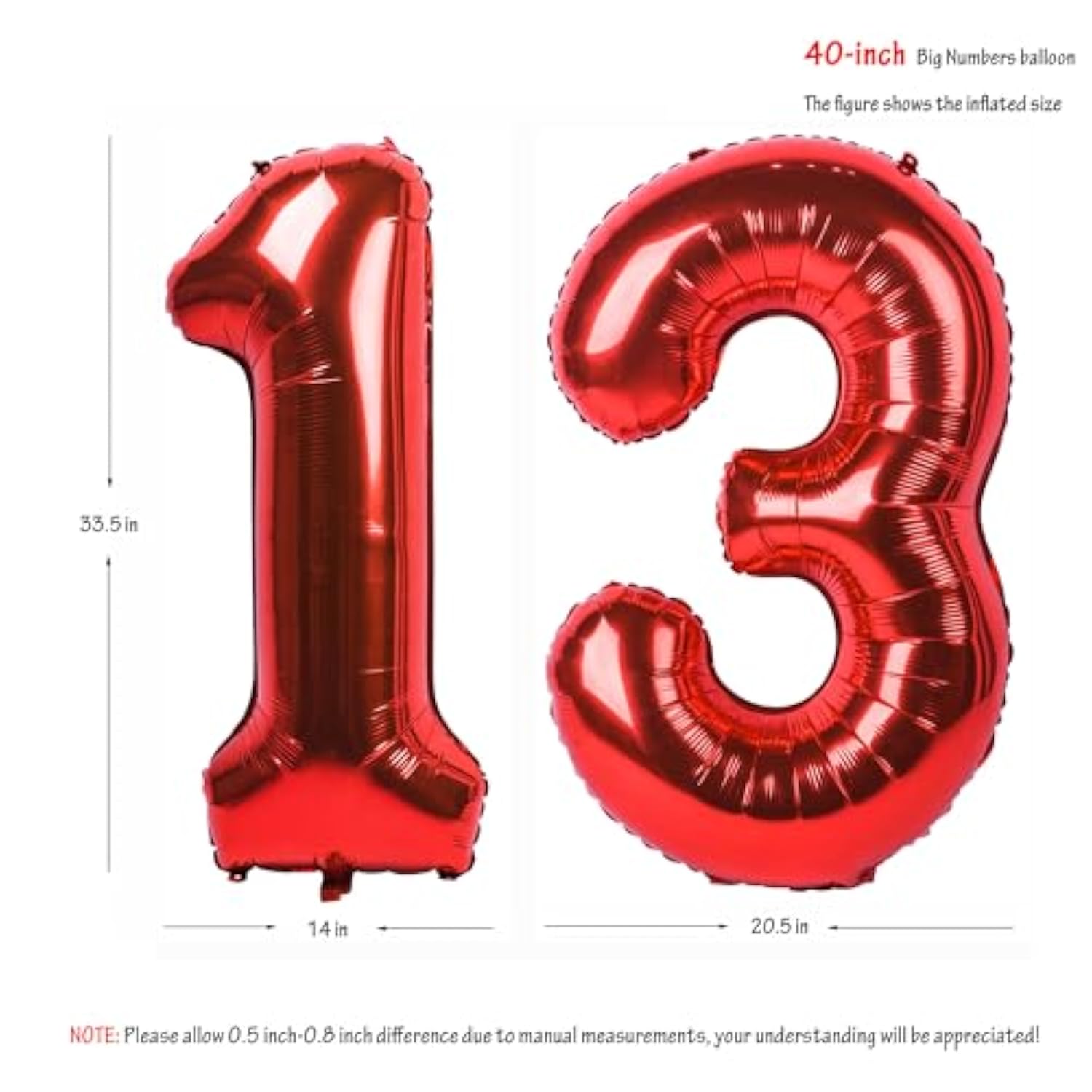 40-Inch Red Number 13 Balloons Giant Foil Decor for 13th Birthdays & NYE