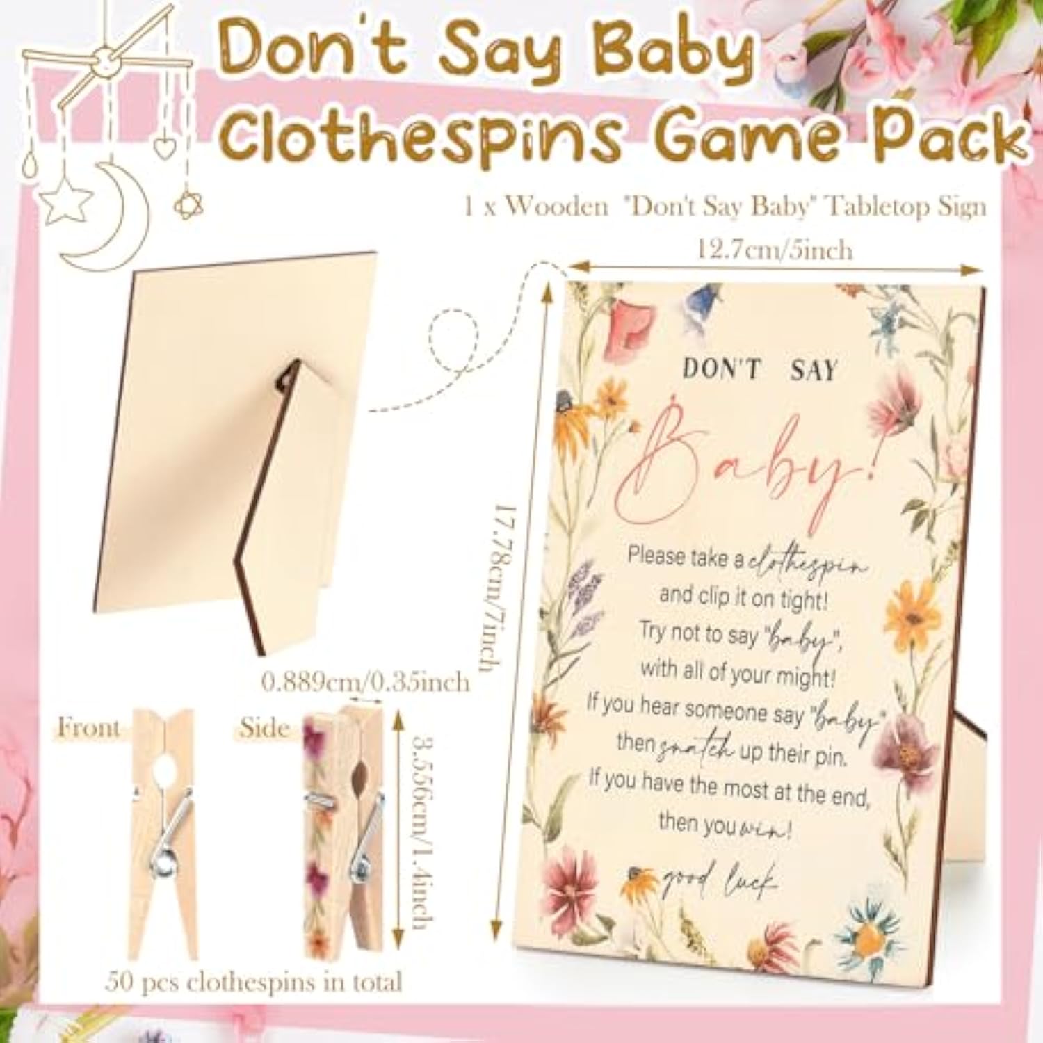Baby Shower Games Supplies 1 Pcs Don'T Say Baby Clothespin Game Wooden Tabletop Sign With Stand And 50 Mini Natural Clothespins Floral Themed Clothes Pins Gender Reveal Party Decoration