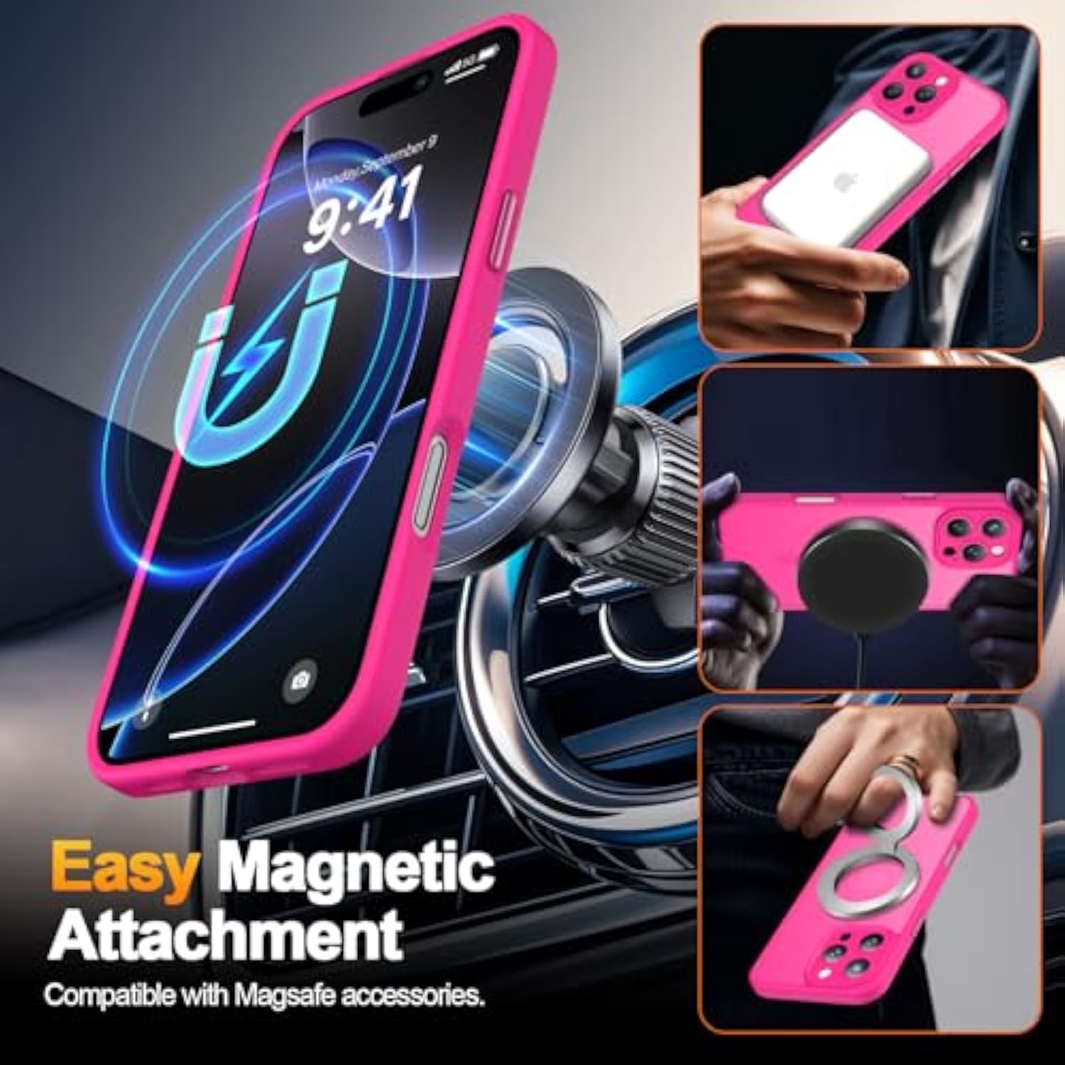 Magnetic For Iphone 16 Pro Max Case With 2 Privacy Screen Protectors - Upgraded Camera Protection - Wireless Charging Compatible,21Ft Drop Tested,Slim Fit Matte Phone Case - Hot Pink