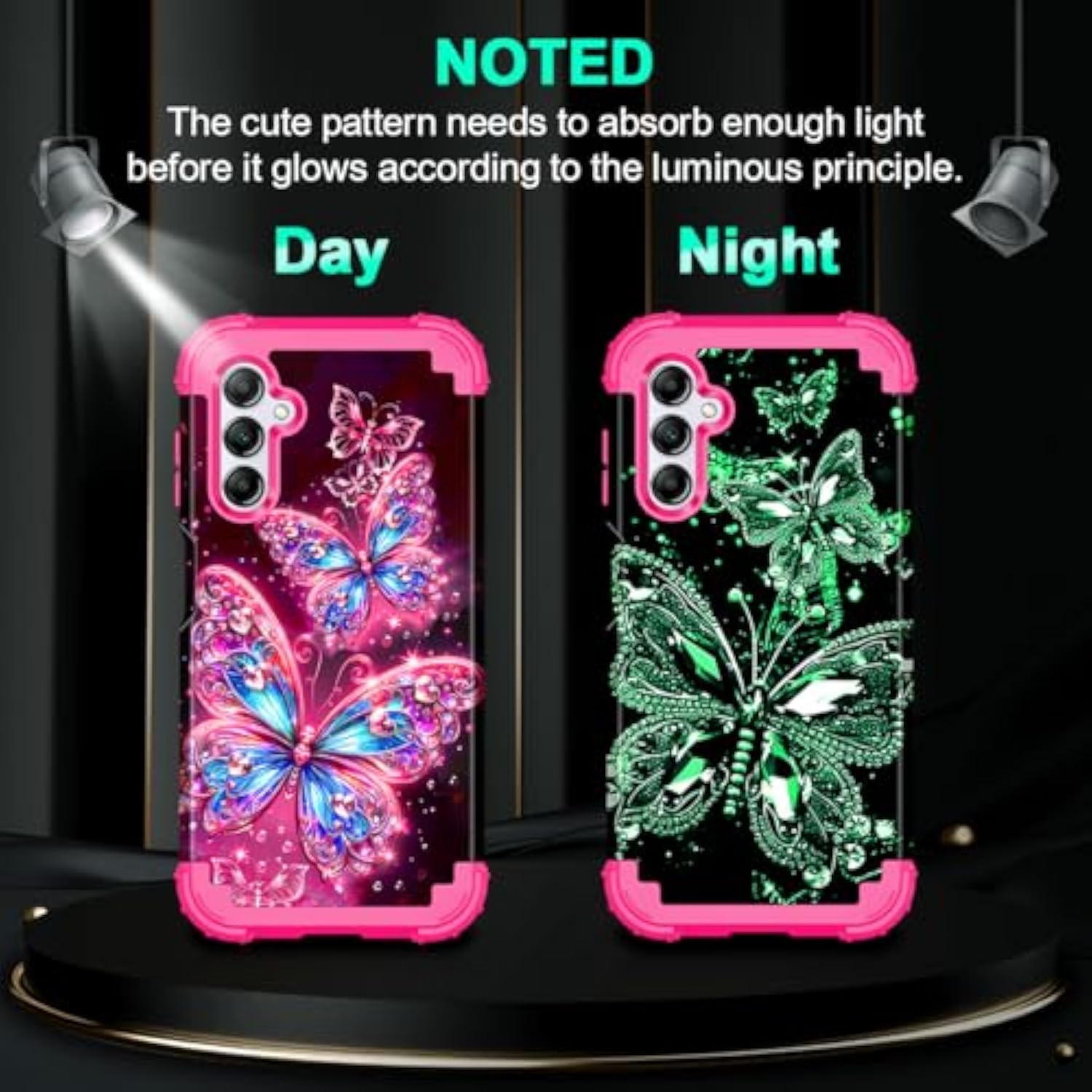 Compatible With Galaxy A16 5G Case,Glow In The Dark Three Layer Heavy Duty Sturdy Shockproof Full Body Protection Rugged Hard Pc+Soft Tpu Bumper Case For Samsung Galaxy A16,All Butterfly