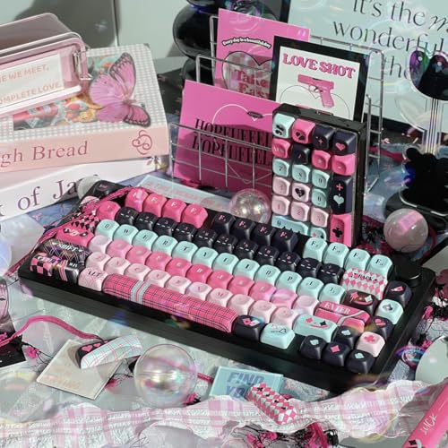 142 Key Pbt Keycaps, Pink Black Dye-Sublimation Customized Cute Keycap, Poker Theme Moa Profile Keycaps Set For Cherry Gateron Mx Switches Mechanical Gaming Keyboards