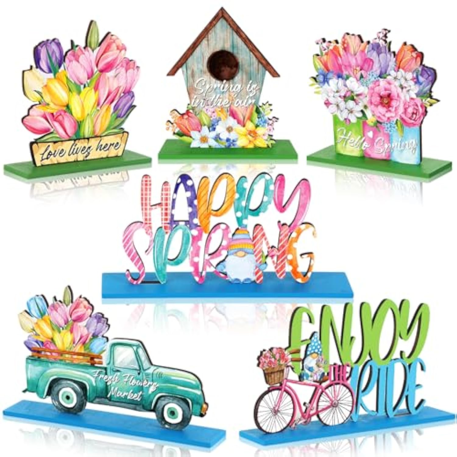 6 Pcs Hello Spring Table Decorations Wooden Tulip Tiered Tray Decor Pastel Flower Truck Block Sign Table Centerpieces Farmhouse Freestanding Tabletop For Easter Home Restaurant Office Party