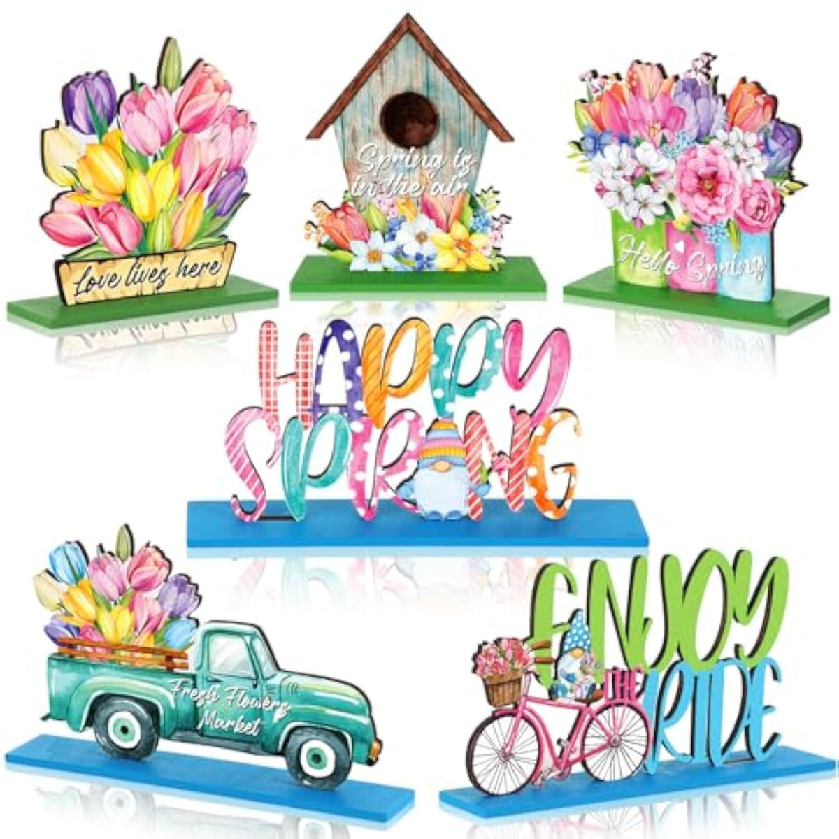 6 Pcs Hello Spring Table Decorations Wooden Tulip Tiered Tray Decor Pastel Flower Truck Block Sign Table Centerpieces Farmhouse Freestanding Tabletop For Easter Home Restaurant Office Party