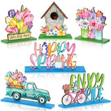 6 Pcs Hello Spring Table Decorations Wooden Tulip Tiered Tray Decor Pastel Flower Truck Block Sign Table Centerpieces Farmhouse Freestanding Tabletop For Easter Home Restaurant Office Party