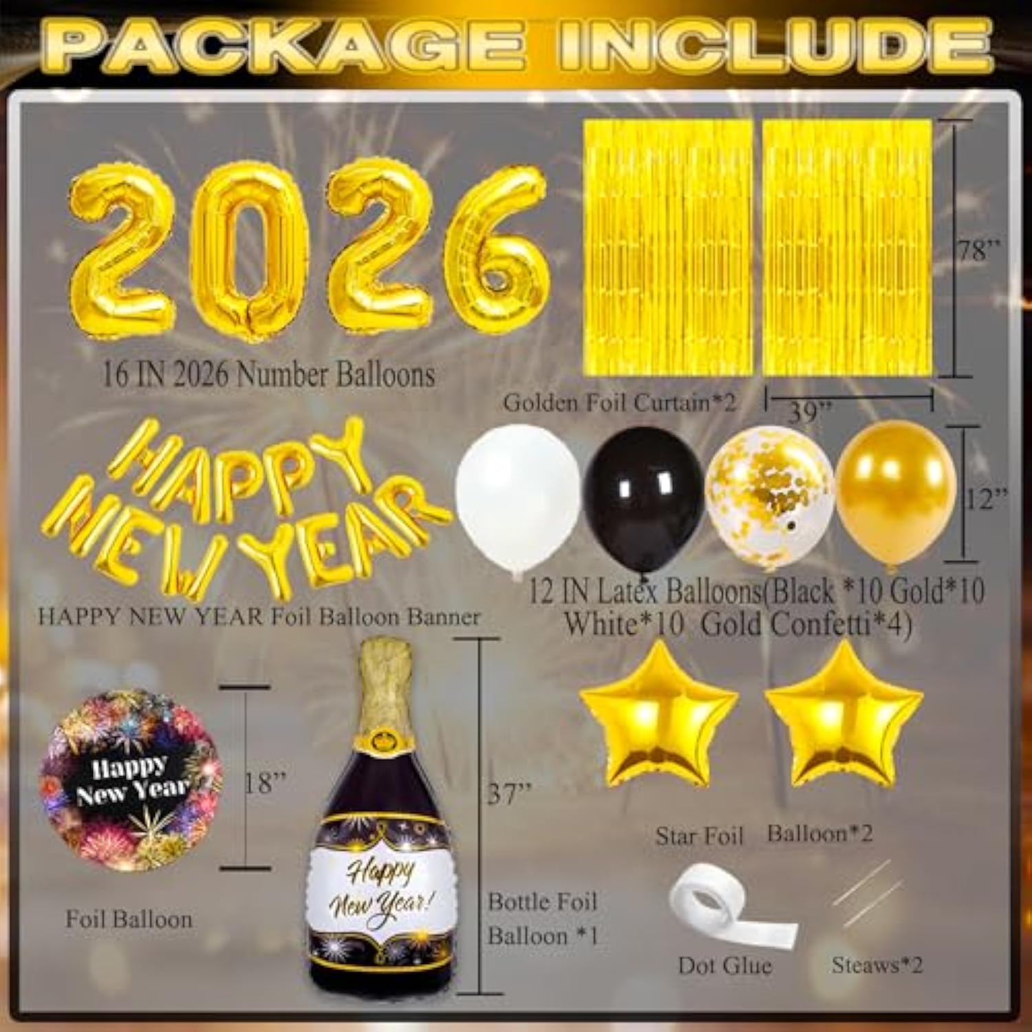 New Year 2026 Party Supplies Gold Black Balloons Banner Backdrop Set