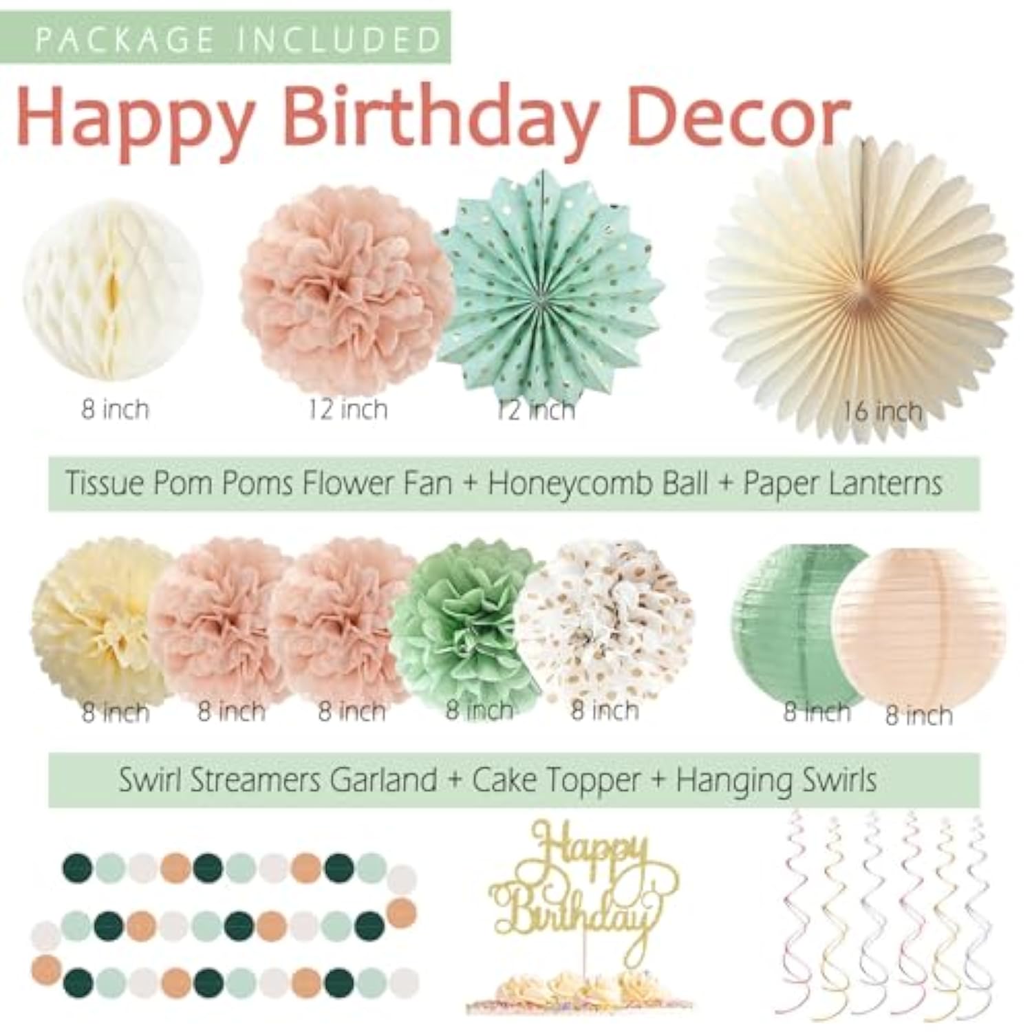 Sage-Green Blush-Pink Birthday Decorations For Women Girls, Cream Light Beige Happy Banner, Paper Lanterns Pom Poms, Olive Green Dusty Pink Balloons, Boho Fairy Anniversary Princess Party Décor