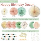Sage-Green Blush-Pink Birthday Decorations For Women Girls, Cream Light Beige Happy Banner, Paper Lanterns Pom Poms, Olive Green Dusty Pink Balloons, Boho Fairy Anniversary Princess Party Décor