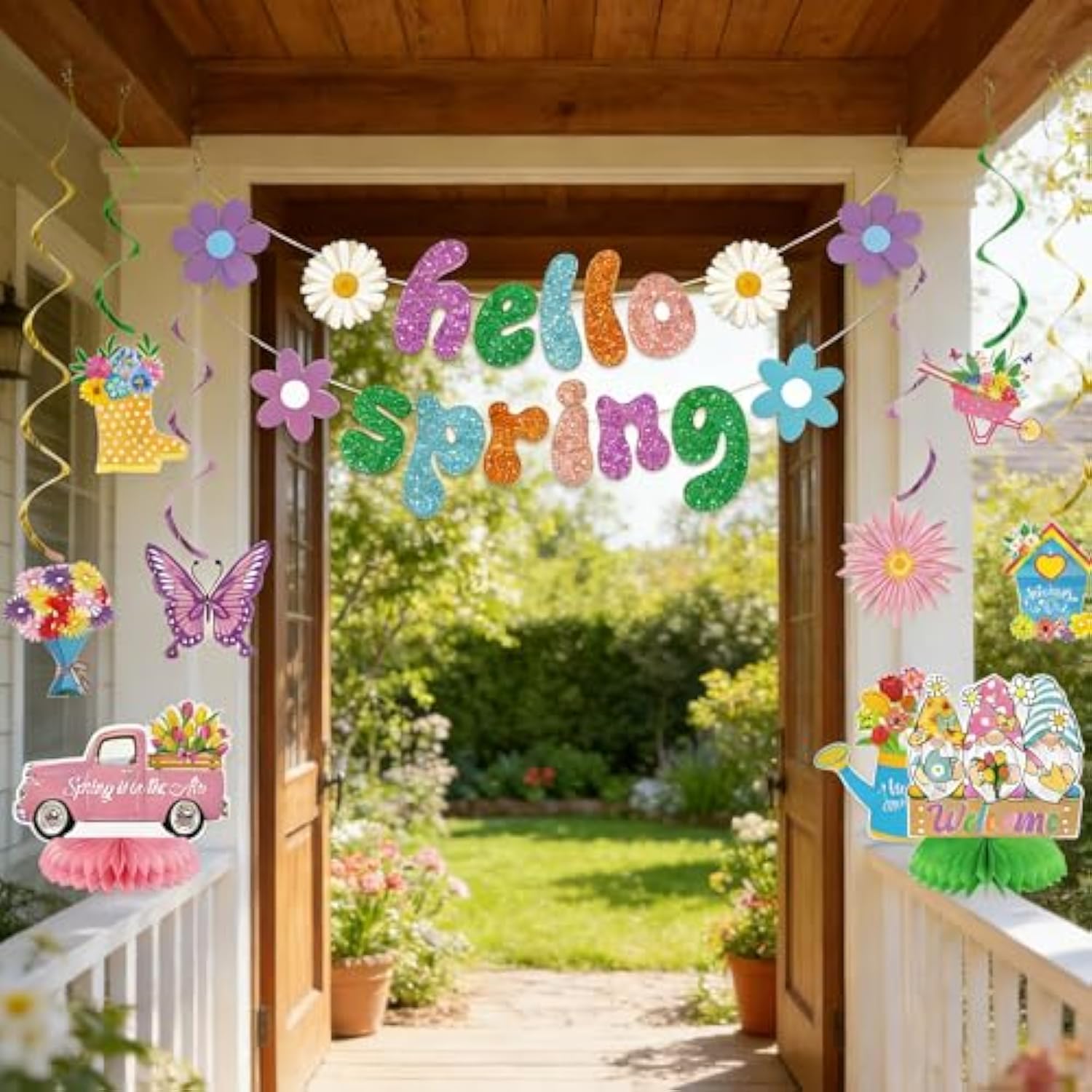 Spring Party Decorations, Hello Spring Decoration Include Banner, Hanging Swirls And Honeycomb Centerpieces, Butterfly Flowers Hanging Decorations Spring Decorations For Home Office Classroom