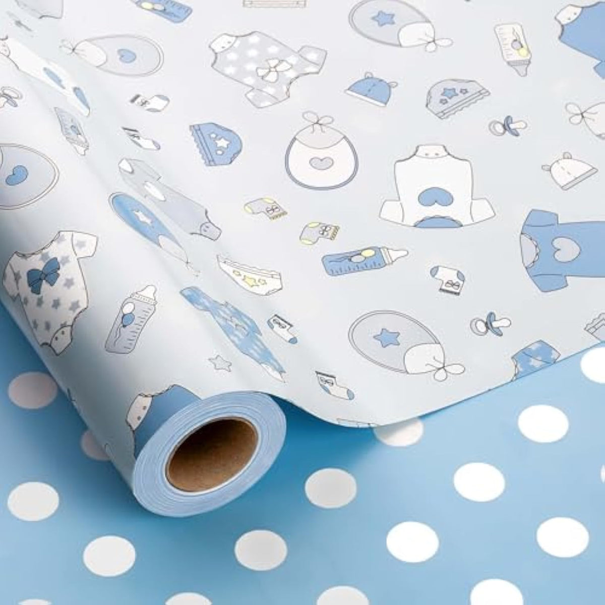 Newborn Baby Wrapping Paper Roll - 17Inch X 33Feet - Cute Baby Blue Boy Snapsuit And Bottles Design Gift Wrap Baby Shower Presents Sheet For New Baby, Birthday, Celebration And Party