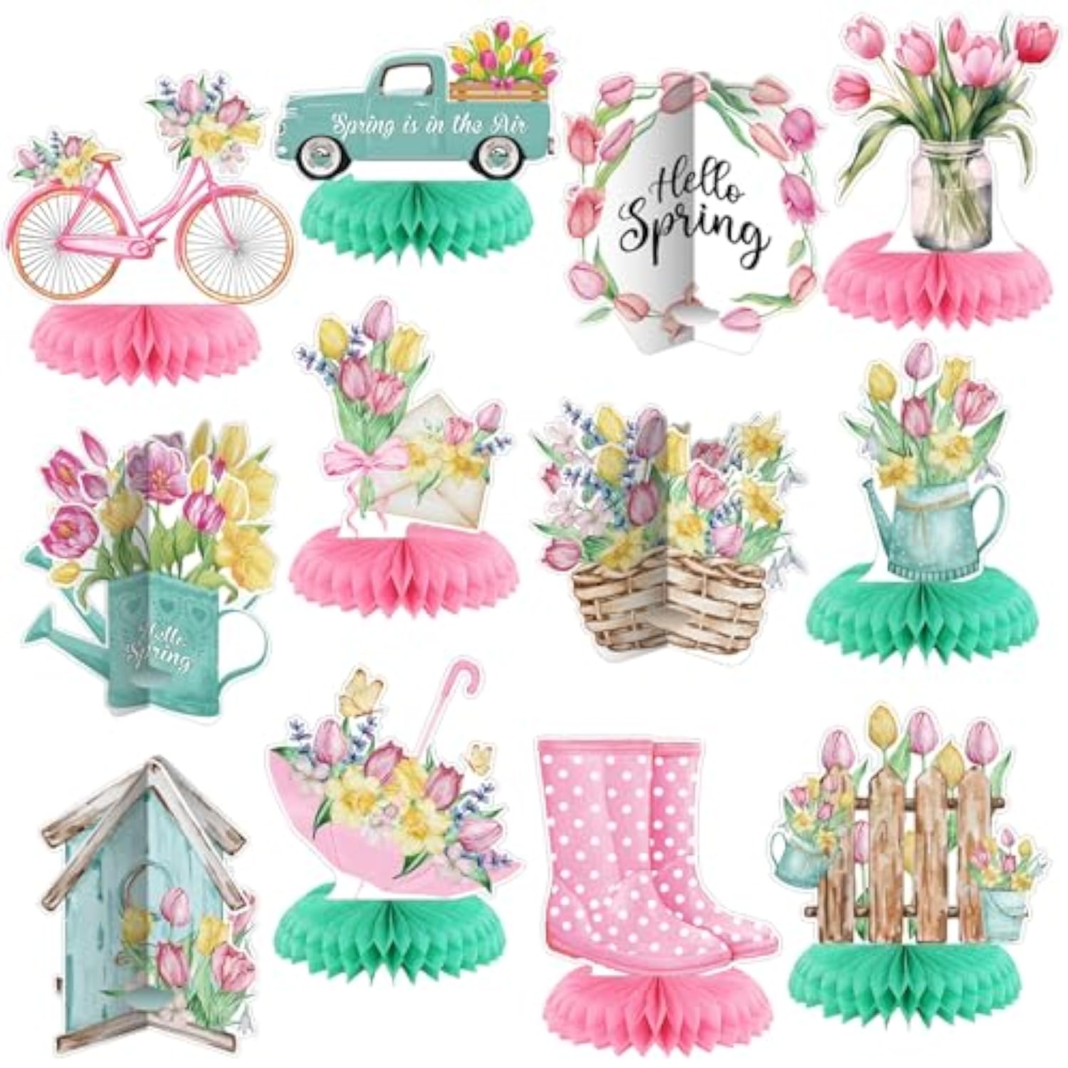 12 Pcs Spring Party Decorations Hello Spring Theme Party Decorations Flower Tulip Honeycomb Table Centerpieces For Home Office Birthday Honeycomb Supplies Decor
