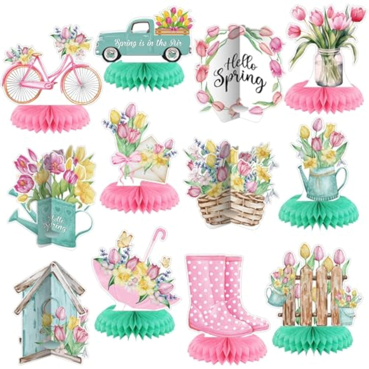 12 Pcs Spring Party Decorations Hello Spring Theme Party Decorations Flower Tulip Honeycomb Table Centerpieces For Home Office Birthday Honeycomb Supplies Decor
