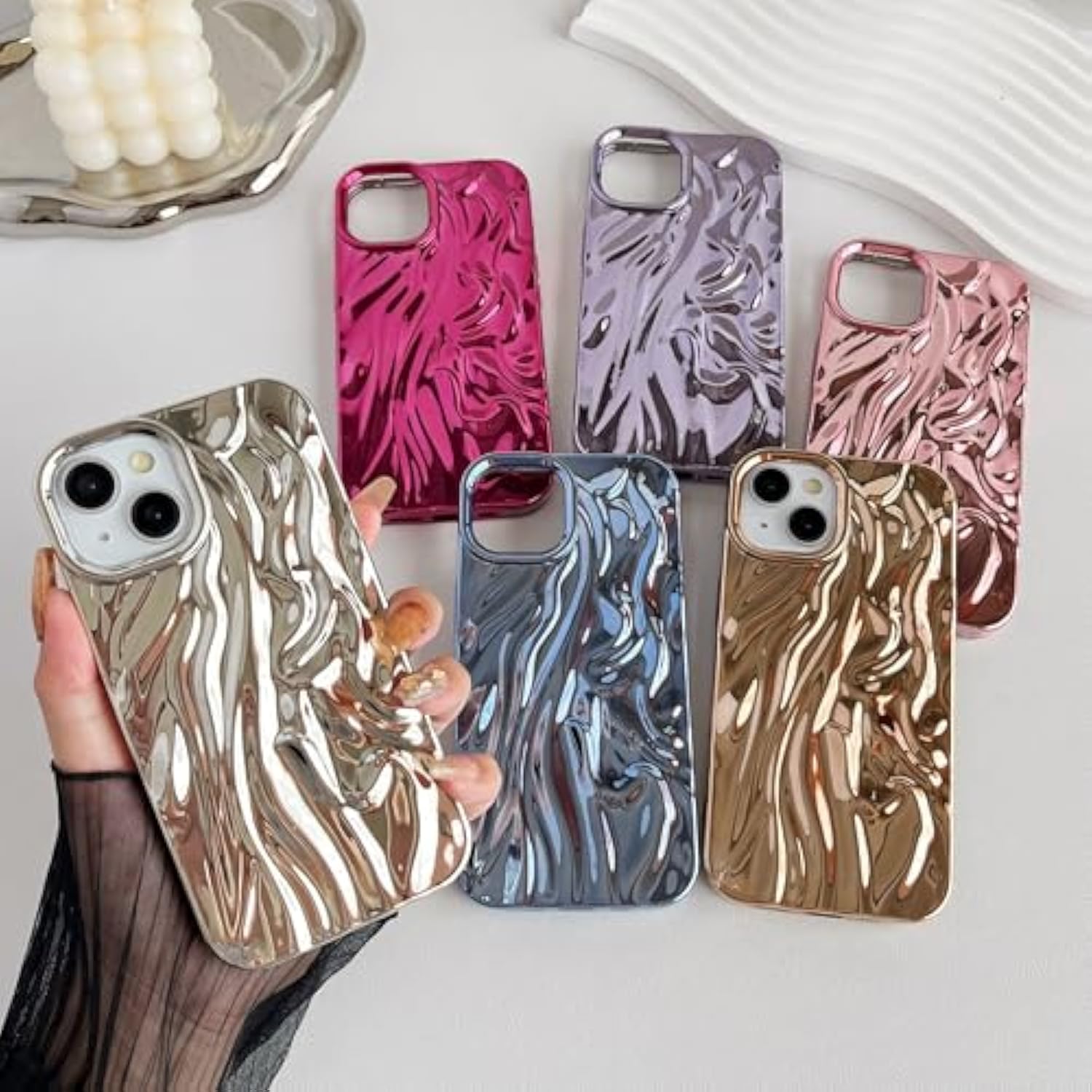 For Iphone 14 Case,Pleated Water Ripple Chrome Wave Pattern Soft Phone Case (Silver)