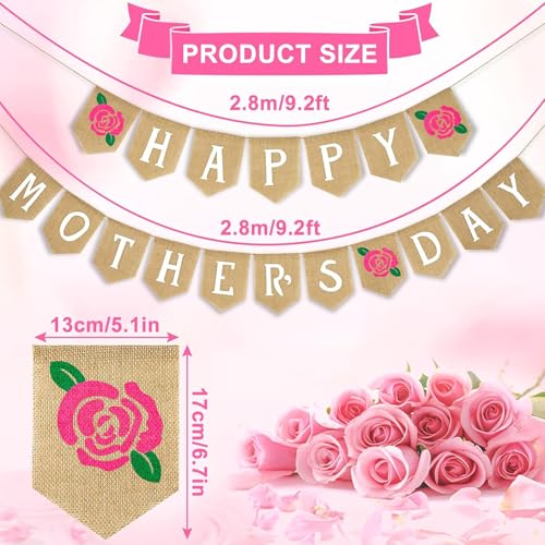 Happy Mother's Day Banner Rose Mothers Day Burlap Hanging Banner Garland Rustic Party Decoration for Mom Mommy Birthday Indoor Outdoor Mantel Fireplace Decor Supplies