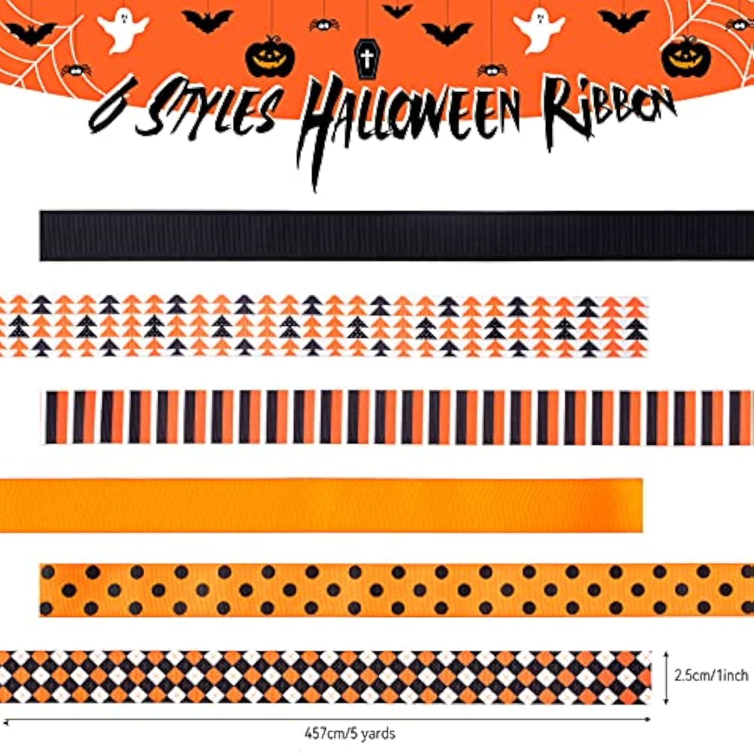 6 Roll Halloween Grosgrain Ribbon Geometric Dot Gift Wrapping Ribbon 3