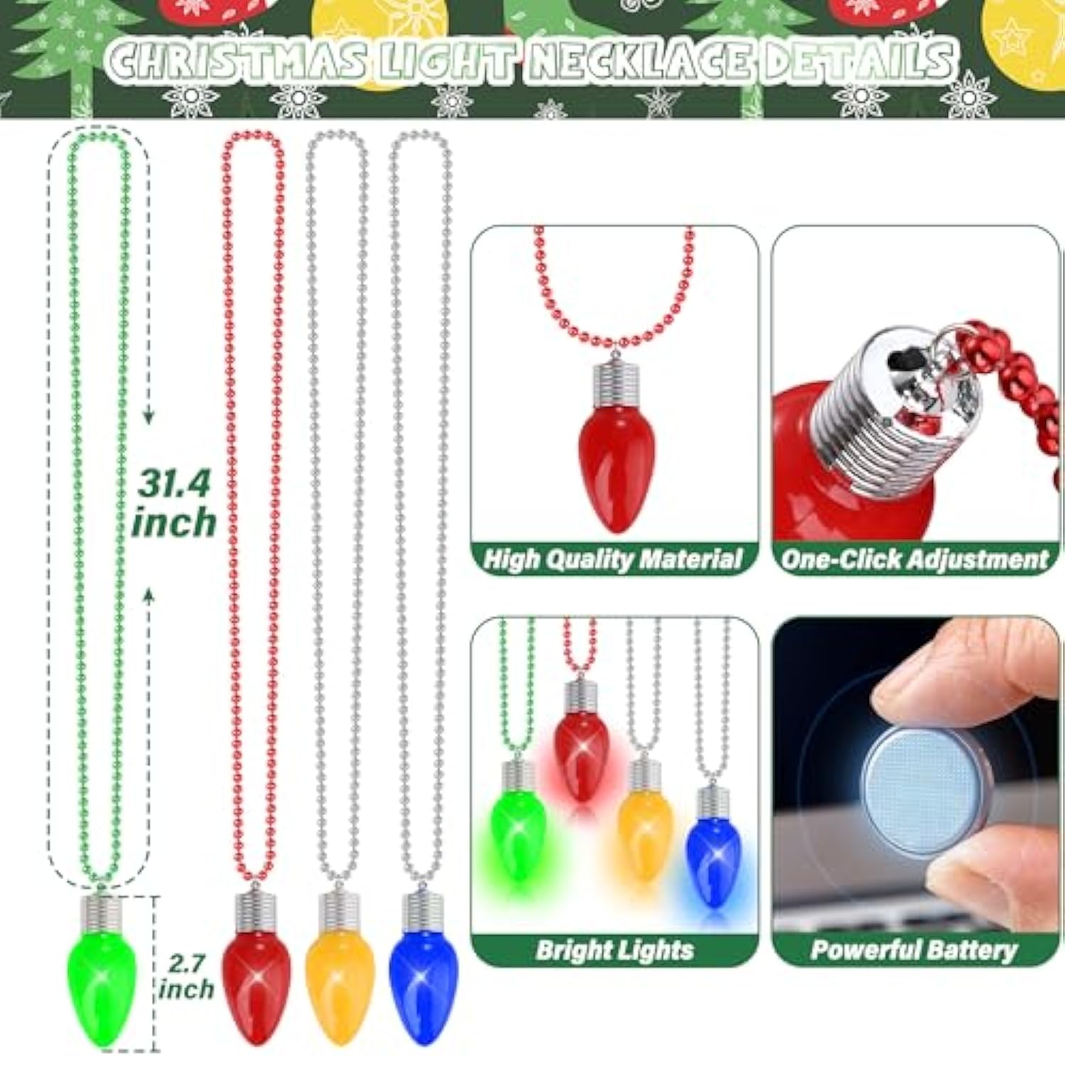 36 Pcs Christmas Glow Bead Necklaces with Bulbs for Party Favors and Ugly Sweater Party