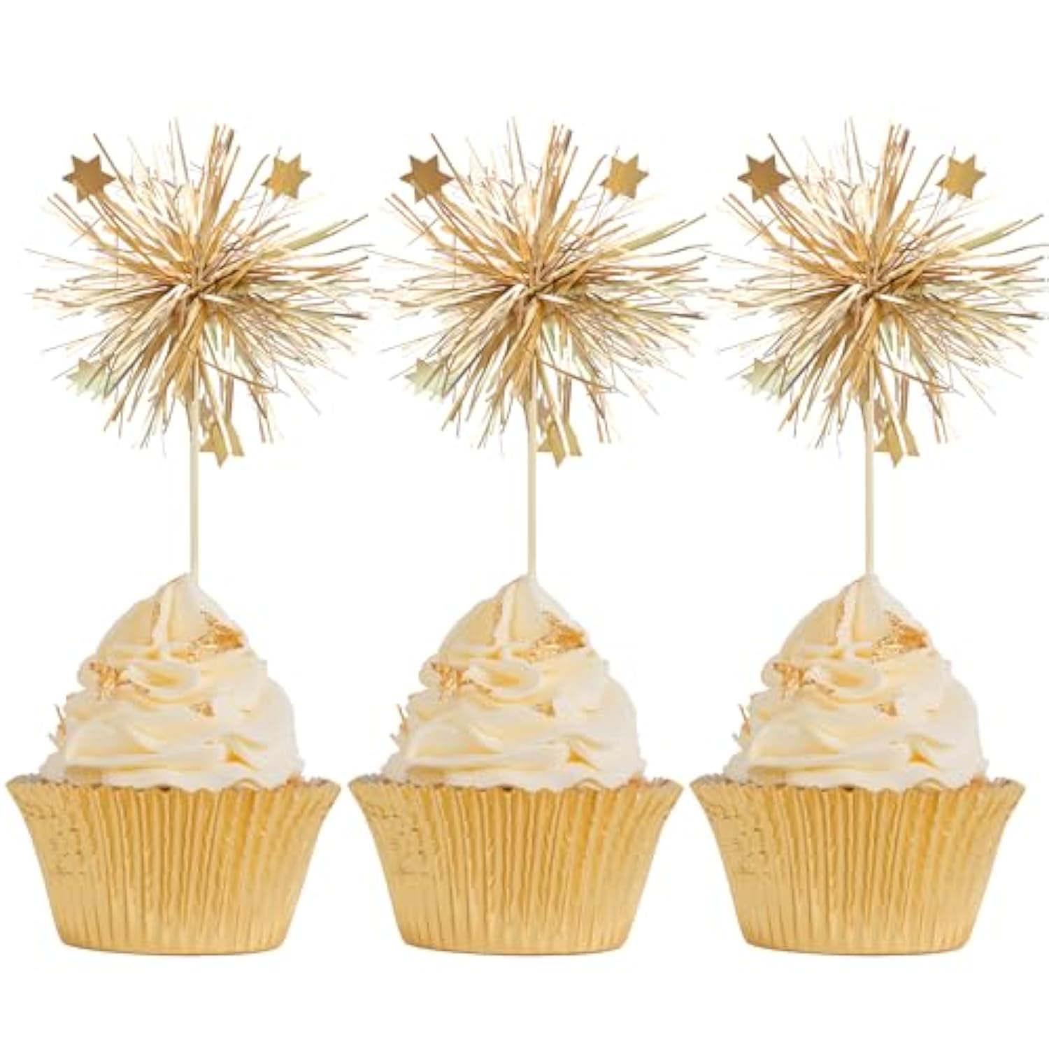 30Pcs Foil Firework Cupcake Toppers Happy Birthday Cake Toppers Sparkle Tinsel Flower Drink Stirrers Cocktail Food Fruit Toothpicks For Valentine'S Day Party Supplies Gold