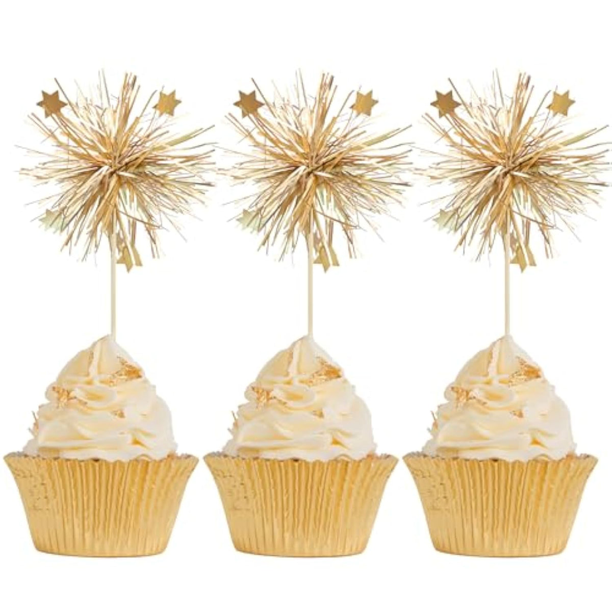 30Pcs Foil Firework Cupcake Toppers Happy Birthday Cake Toppers Sparkle Tinsel Flower Drink Stirrers Cocktail Food Fruit Toothpicks For Valentine'S Day Party Supplies Gold