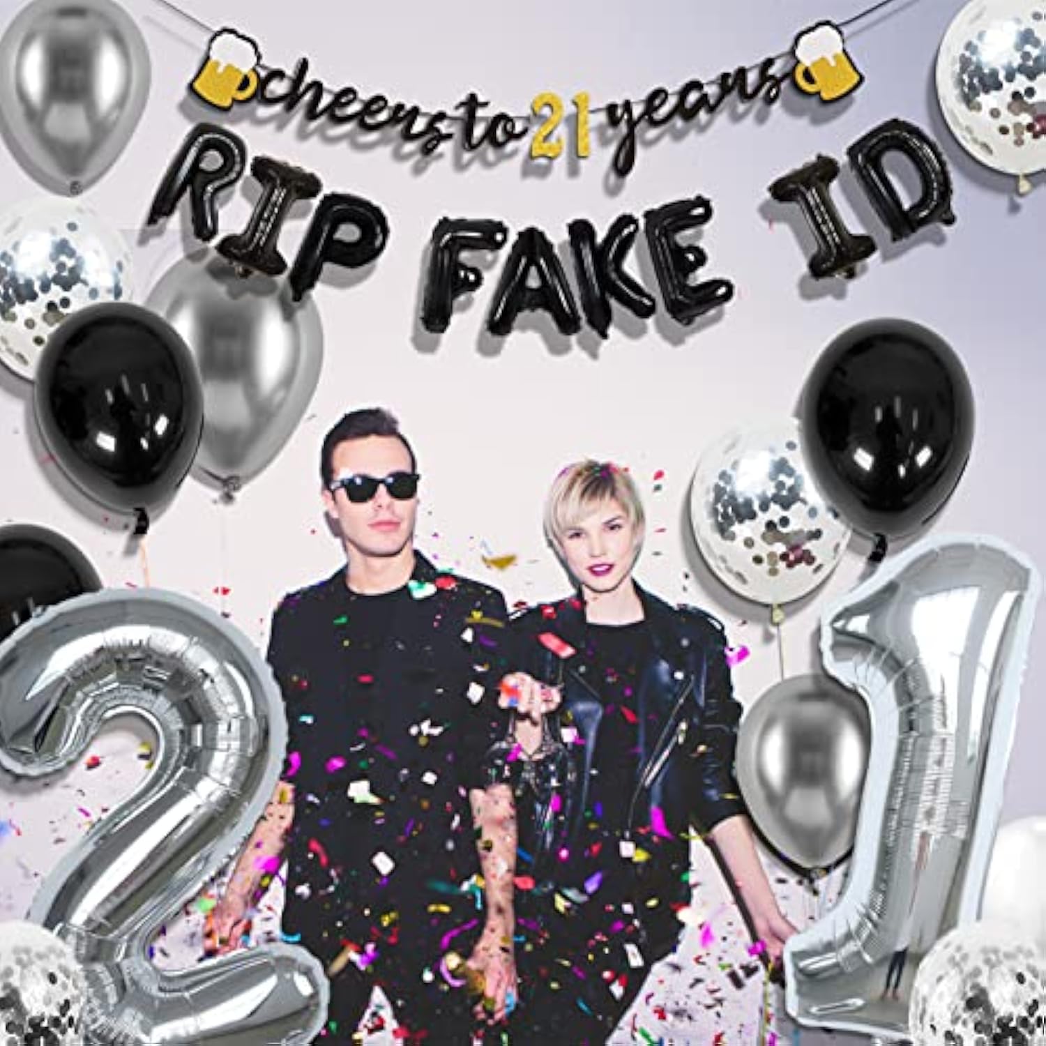 21St Birthday Decorations For Him - Black & Silver 21St Birthday Decor For Her With Cheers 21 Years Banner, Curtains, Confetti & Number Balloons
