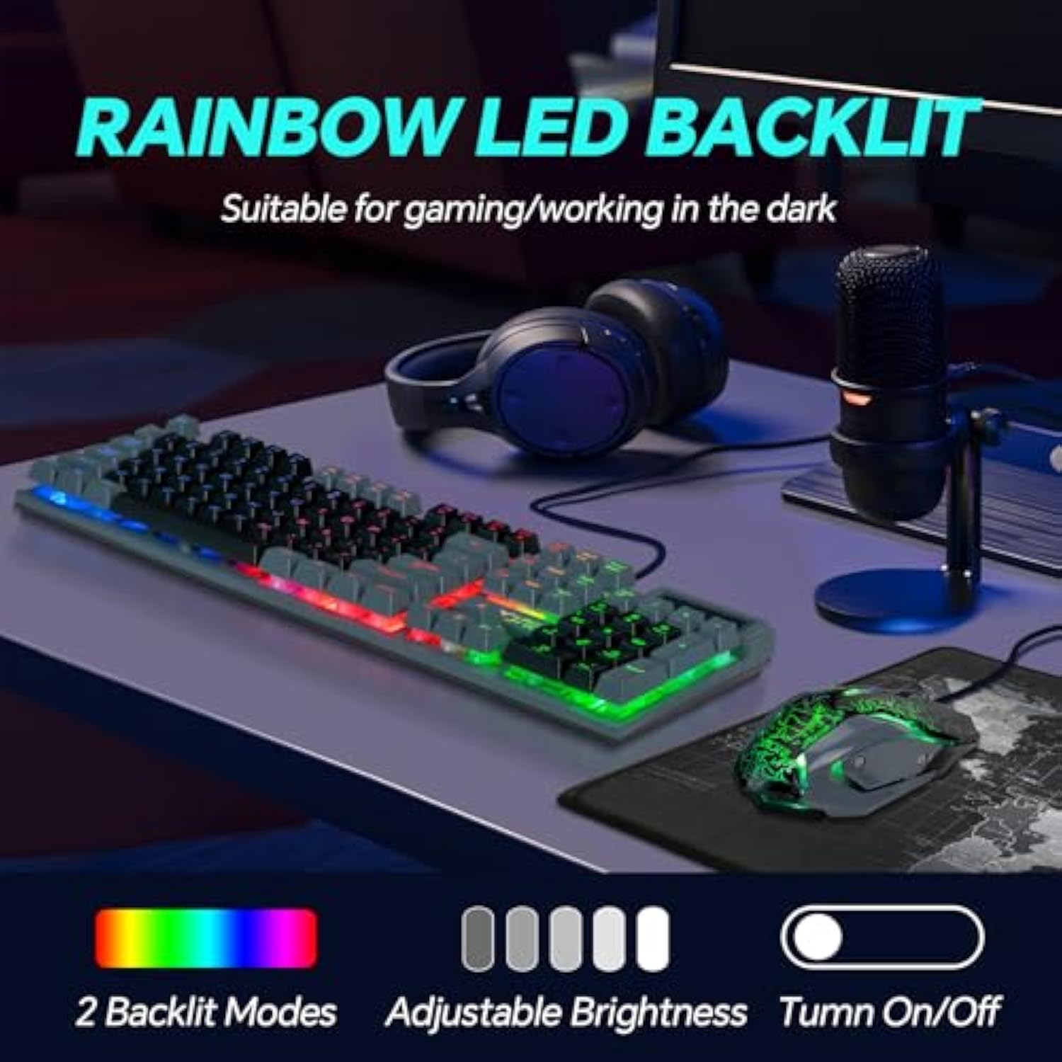 CHONCHOW Gaming Keyboard and Mouse Combo LED Backlit 104Keys Full Size Keyboard Light Up USB Wired Mechanical Feel 3600 DPI Gaming Mic for Windows PC Mac Xbox Gamer, Black&Grey
