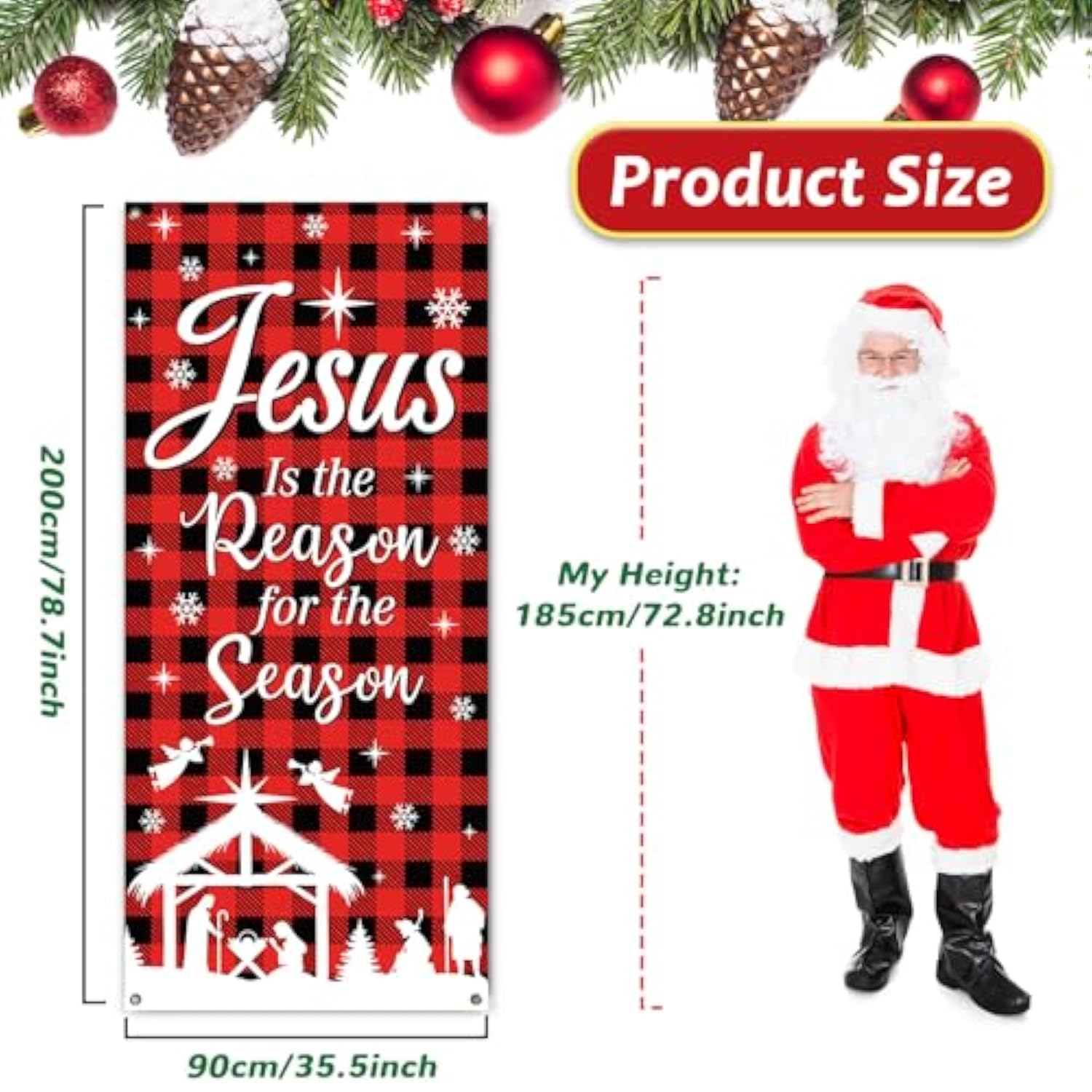 Merry Christmas Door Cover Buffalo Check Plaid Door Decoration Xmas Jesus Is The Reason For The Season Backdrop Nativity Banner Religious Sign For Winter Holiday Outdoor Wall Home Party Supplies