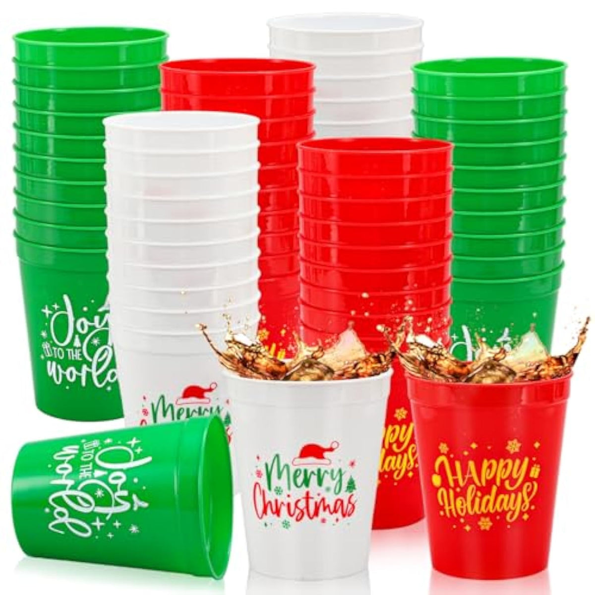 Christmas Plastic Cups 16Oz Merry Xmas Theme Red Green White Reusable Cups Decorative Holiday Party Drinkware For Hot Cold Drinks Coffee Juice Beer Candy Snacks Winter New Year Party, 30 Pcs
