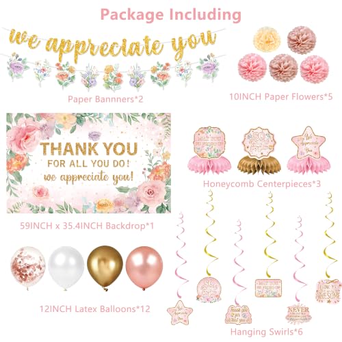 Pink We Appreciate You Decorations, Pink Floral Thank You Banner