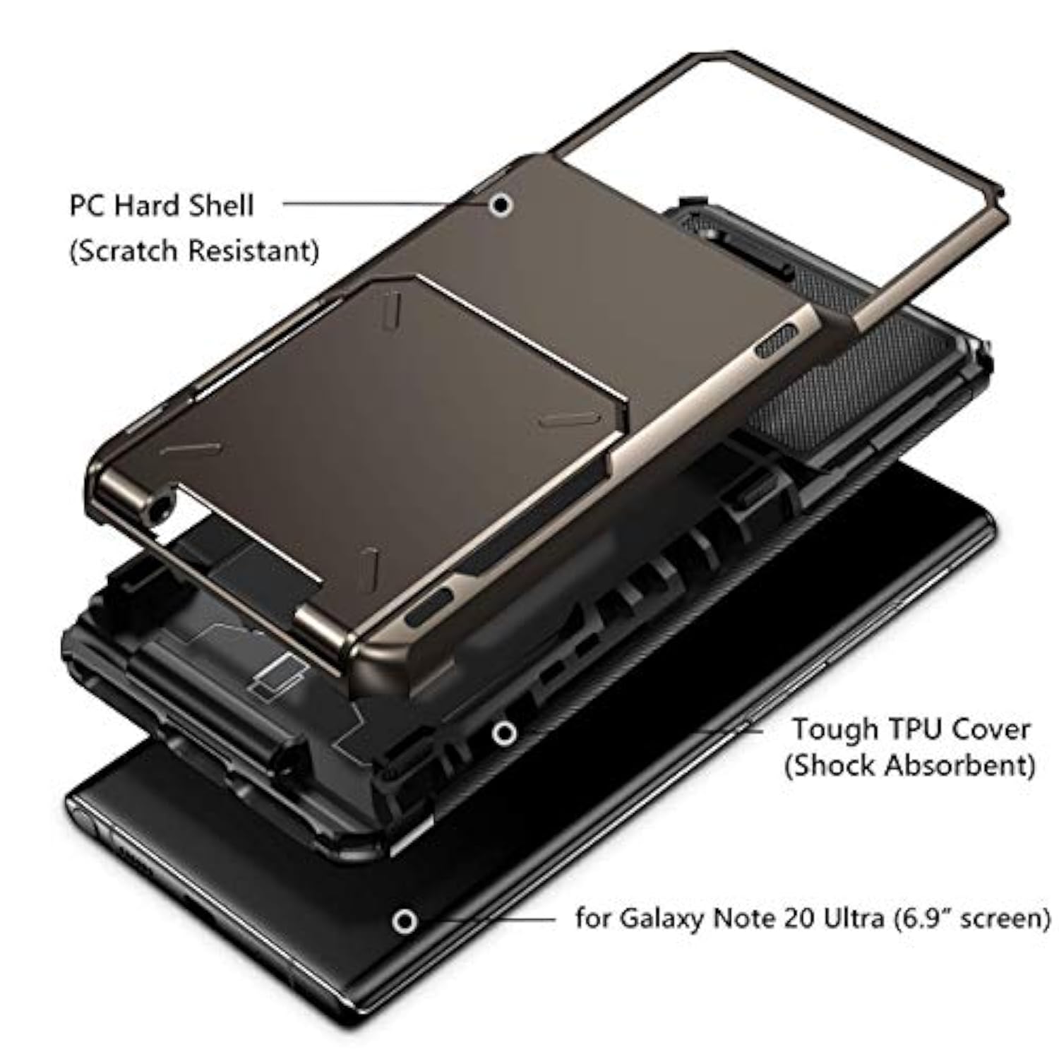 For Galaxy Note 20 Ultra Case 5G Wallet 4-Card Flip Cover Credit Card Holder Slot Back Pocket Dual Layer Protective Hybrid Hard Shell Bumper Armor Case For Samsung Note 20 Ultra 6.9 Gun Metal