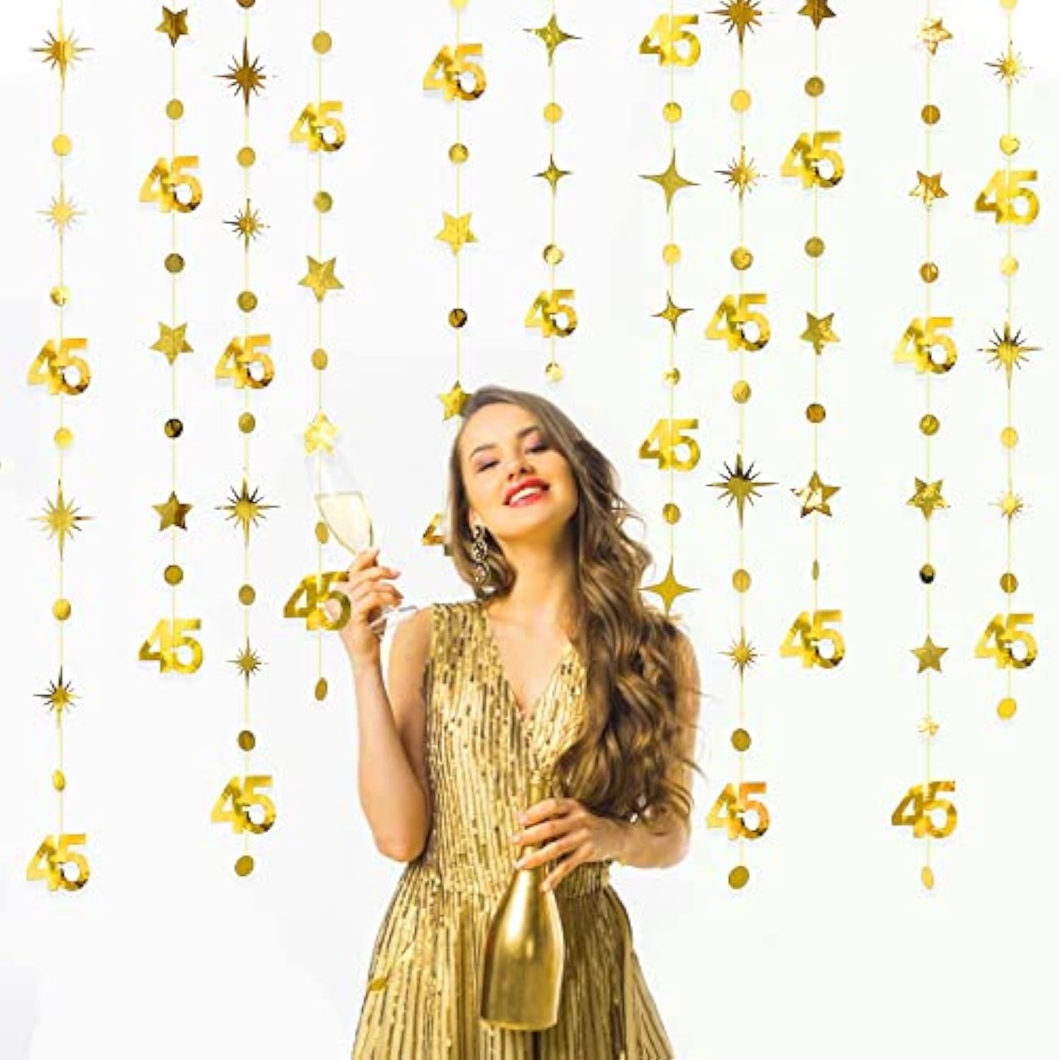 Gold 45Th Birthday Decorations Number 45 Circle Dot Twinkle Star Garland Metallic Hanging Streamer Bunting Banner Backdrop For Women Mens 45 Year Old Birthday Forty Five Anniversary Party Supplies