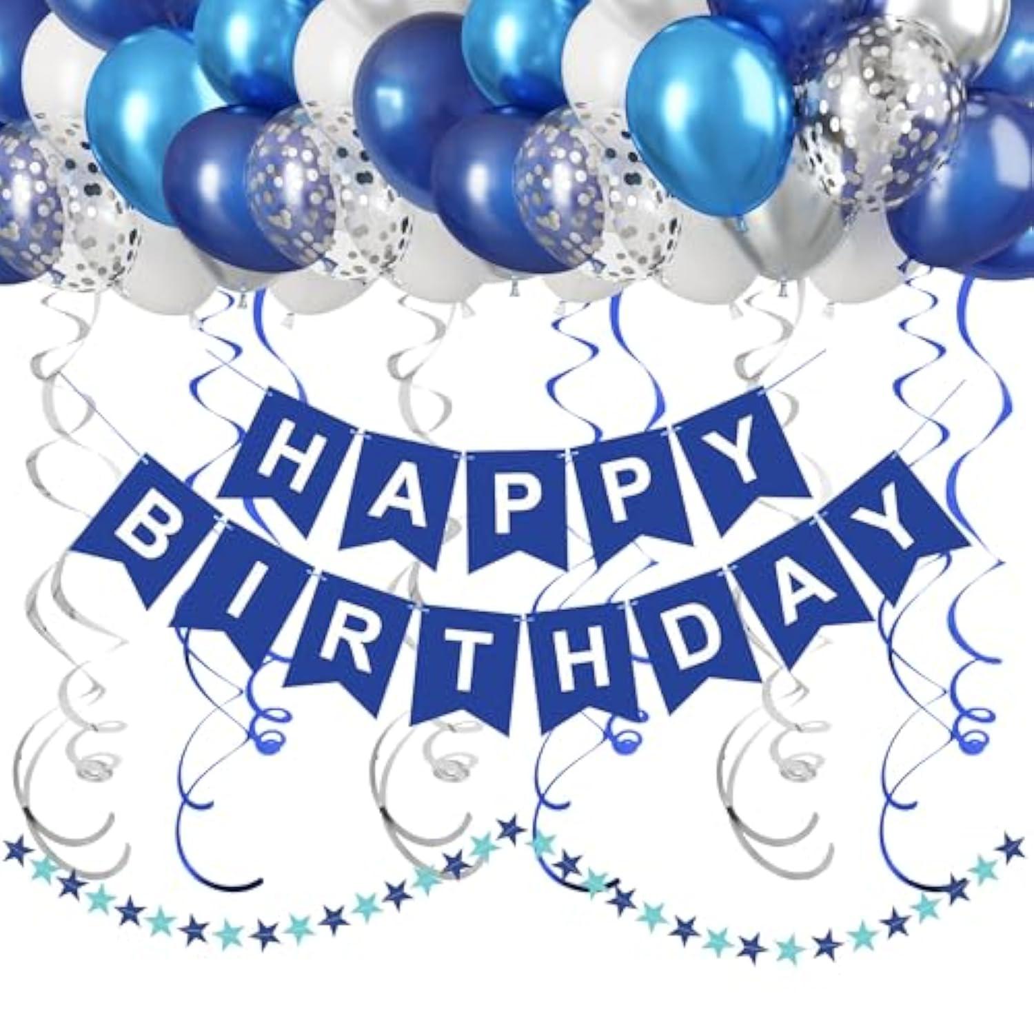 Blue & White Happy Birthday Set — Banner, Swirls, Dots, Balloons for Party