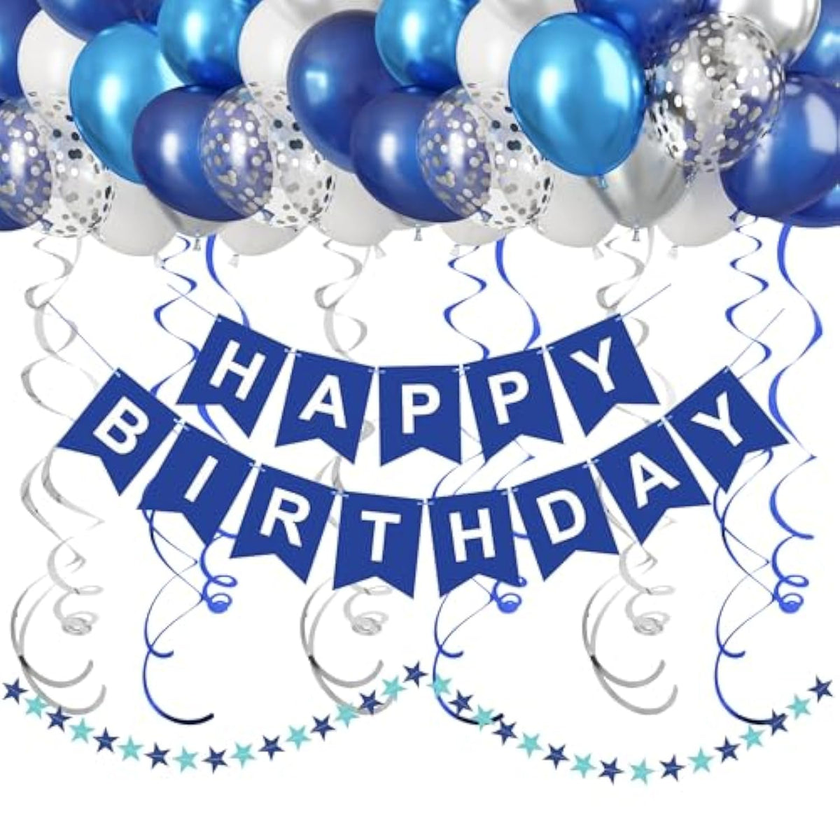 Blue & White Happy Birthday Set — Banner, Swirls, Dots, Balloons for Party