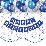 Blue & White Happy Birthday Set — Banner, Swirls, Dots, Balloons for Party