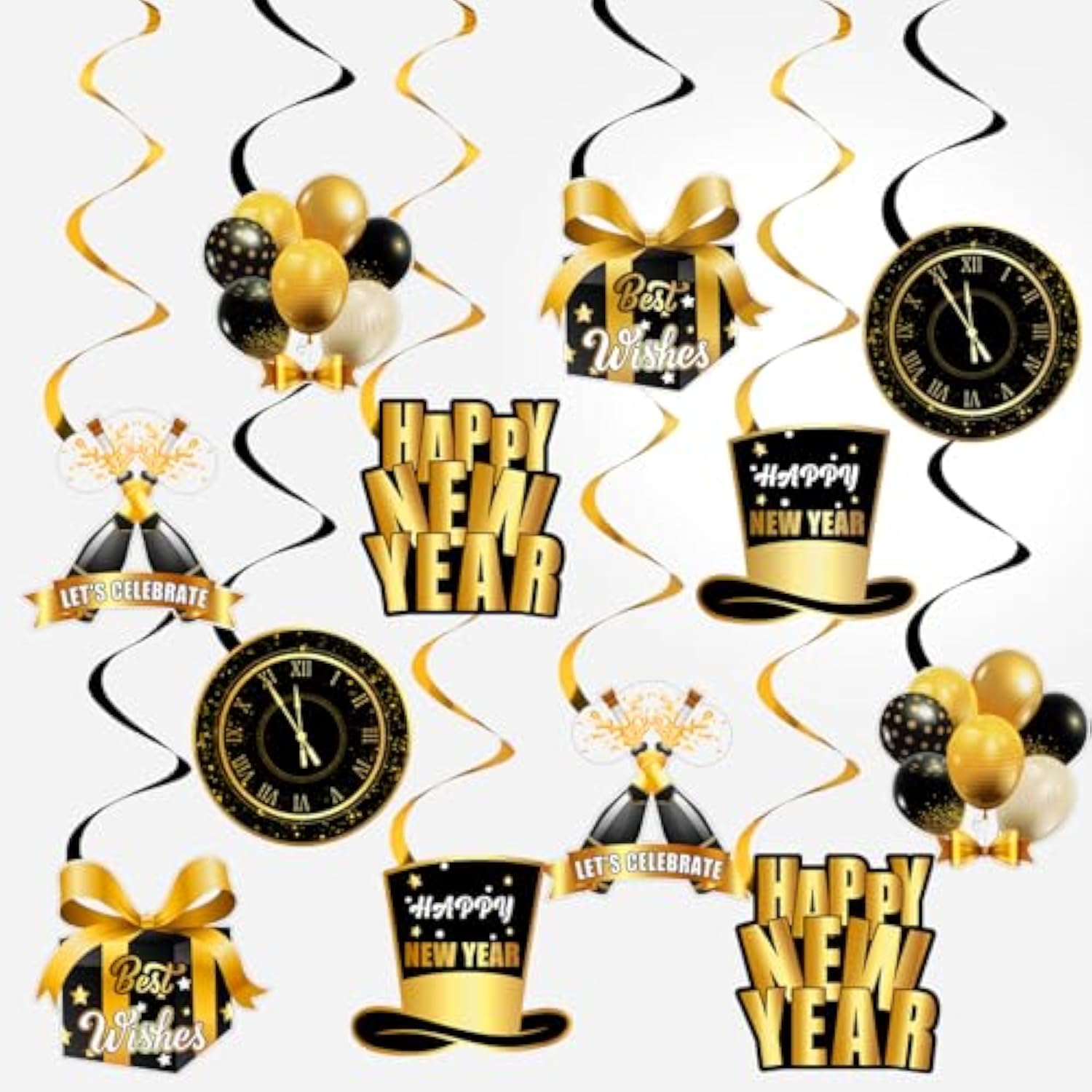 12pc Black Gold Happy New Year 2026 Hanging Swirls Party Decorations