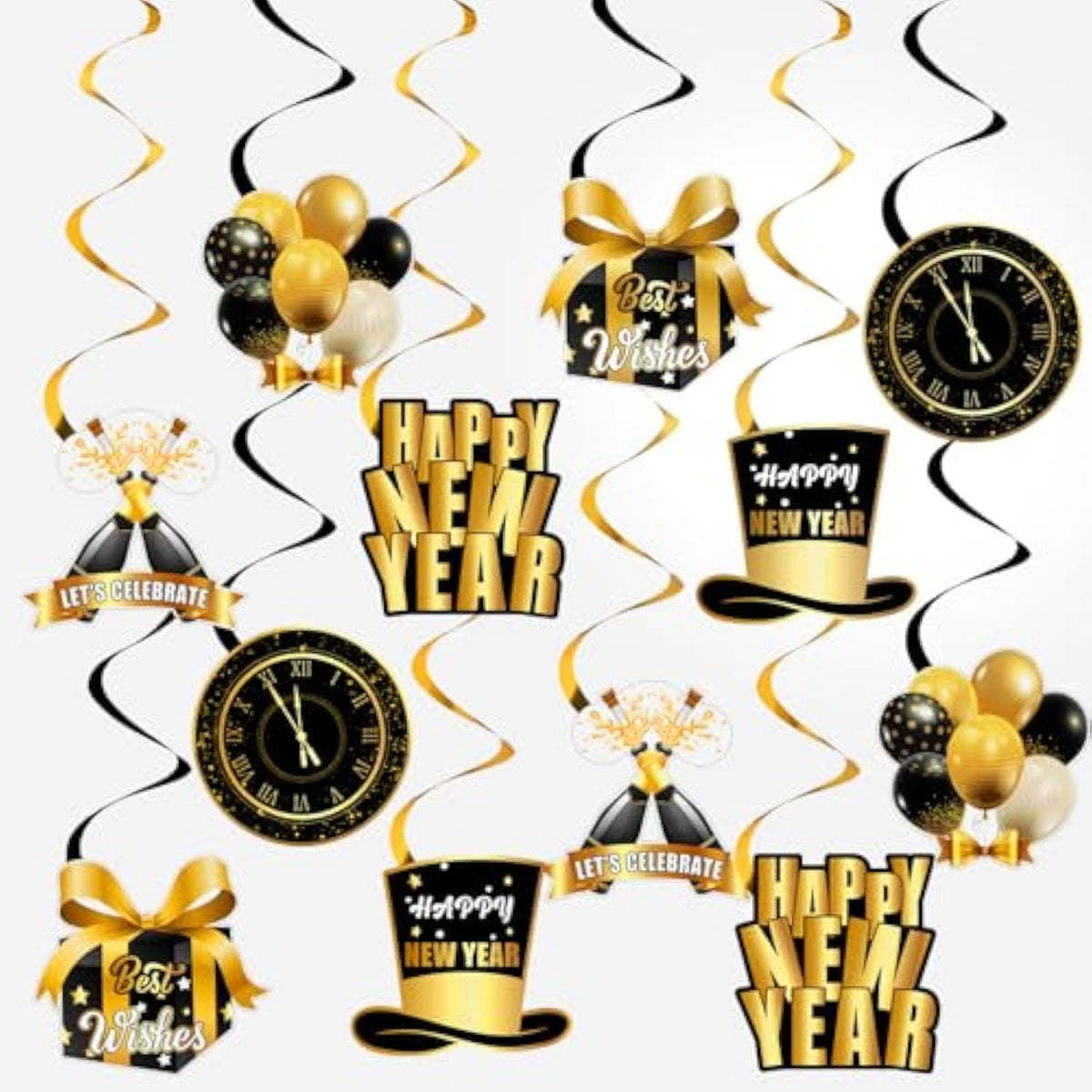 12pc Black Gold Happy New Year 2026 Hanging Swirls Party Decorations