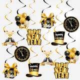 12pc Black Gold Happy New Year 2026 Hanging Swirls Party Decorations