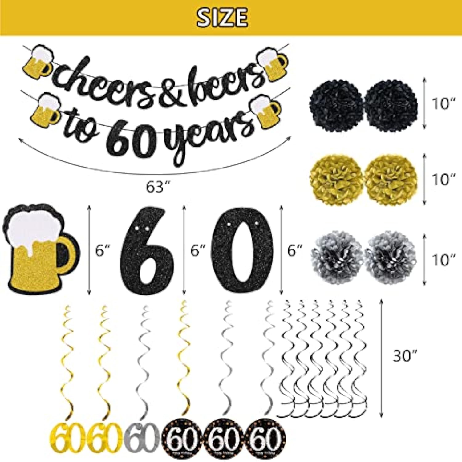 60th Birthday Black and Gold Cheers Banner with Pom Poms and Swirls