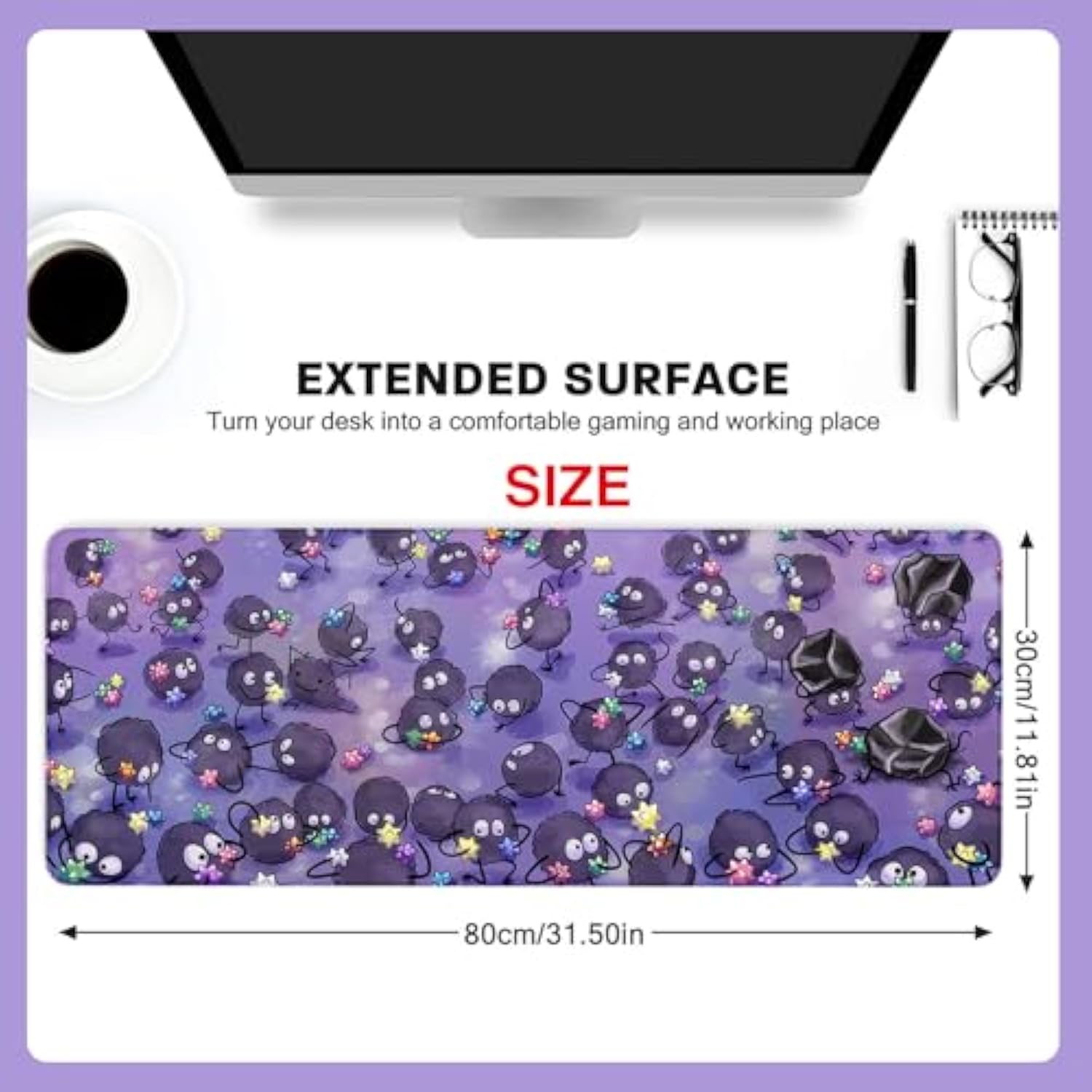 Anime Cute Soot Sprite Large Mouse Pad Desk Mat 11.8×31.5 Inch With Non-Slip Rubber Base Stitched Edge Mouse Pad For Computer Laptop Office Accessories Decor